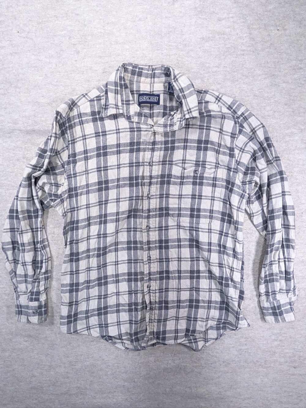 Lands End Cotton Gray Off White Fall Flannel Layering Classic Button Up Unisex M